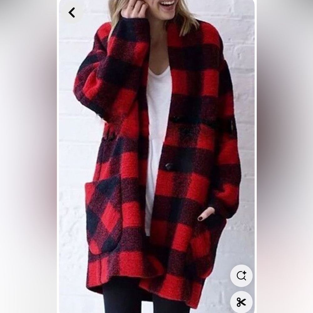 Red and Black Plaid Wool Pea Coat